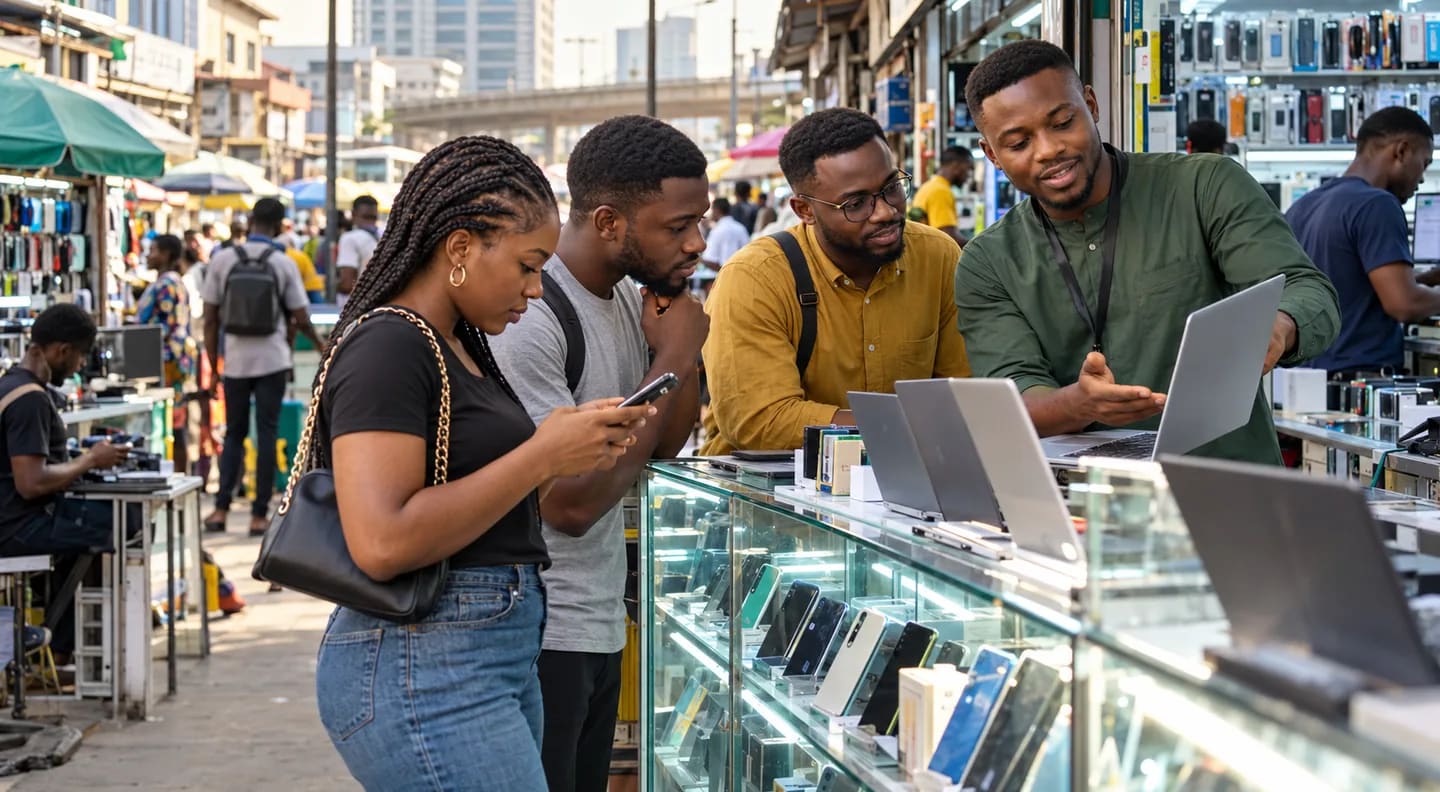 Customers comparing smartphones and laptops with a seller at Computer Village in Ikeja