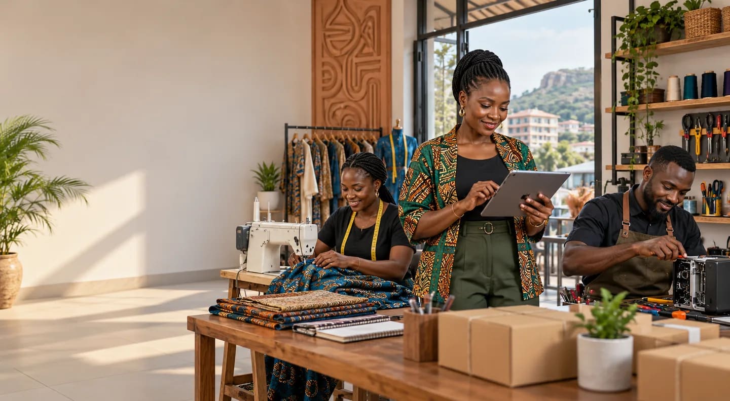 A small business owner reviewing clear digital records in an Enugu workshop
