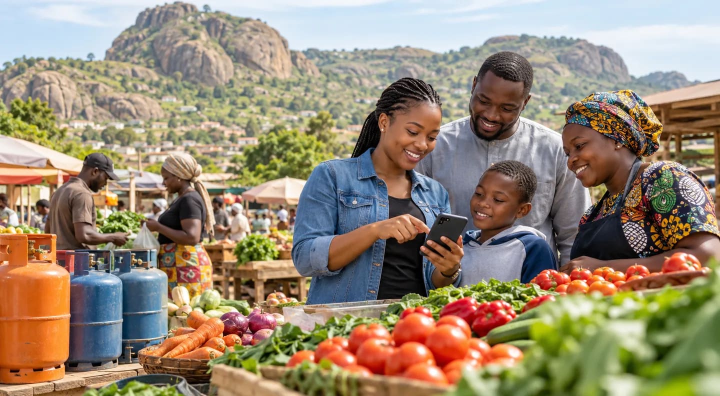 A family comparing fresh produce, cooking gas and delivery options at a Jos market