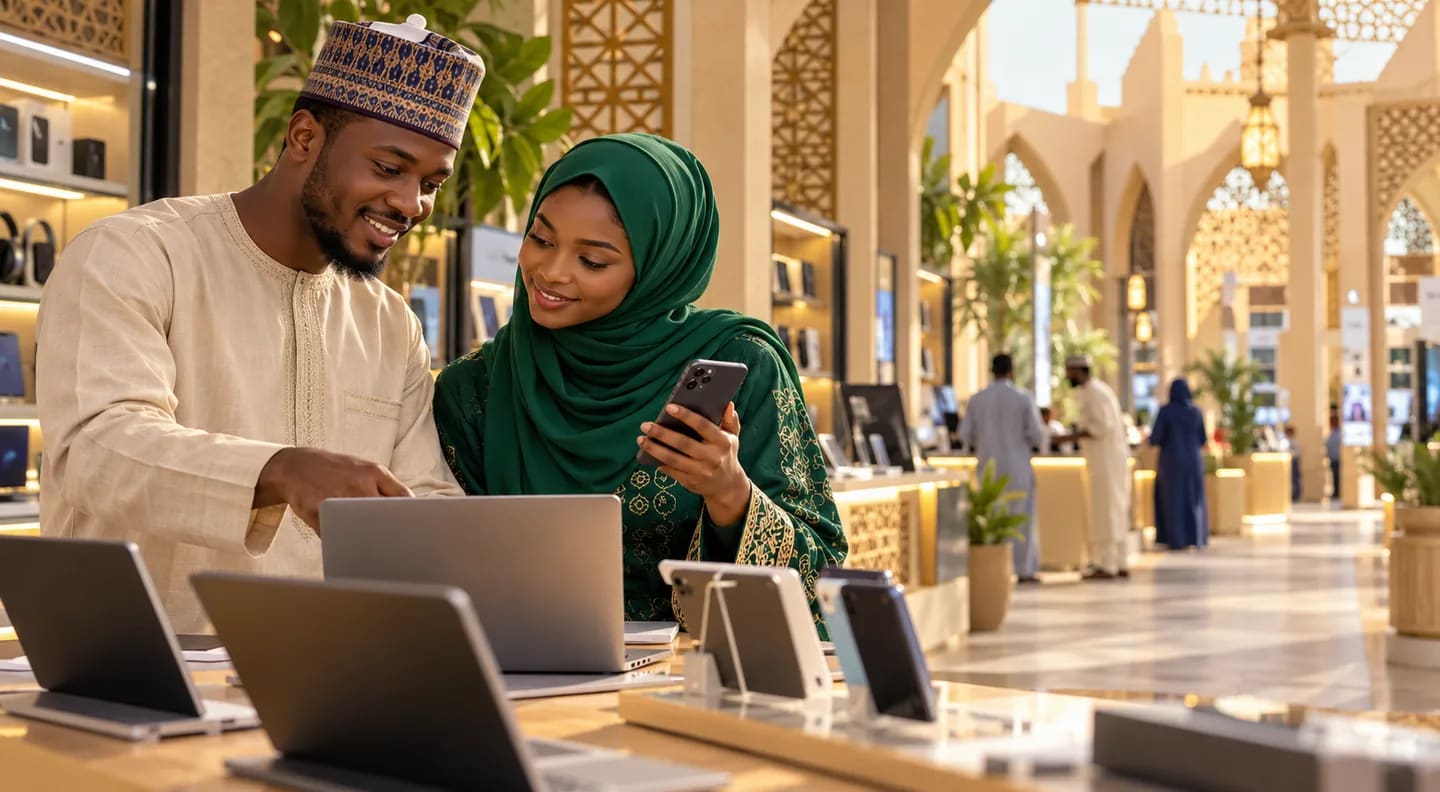 Shoppers reviewing phones and laptops in a modern Kano technology market