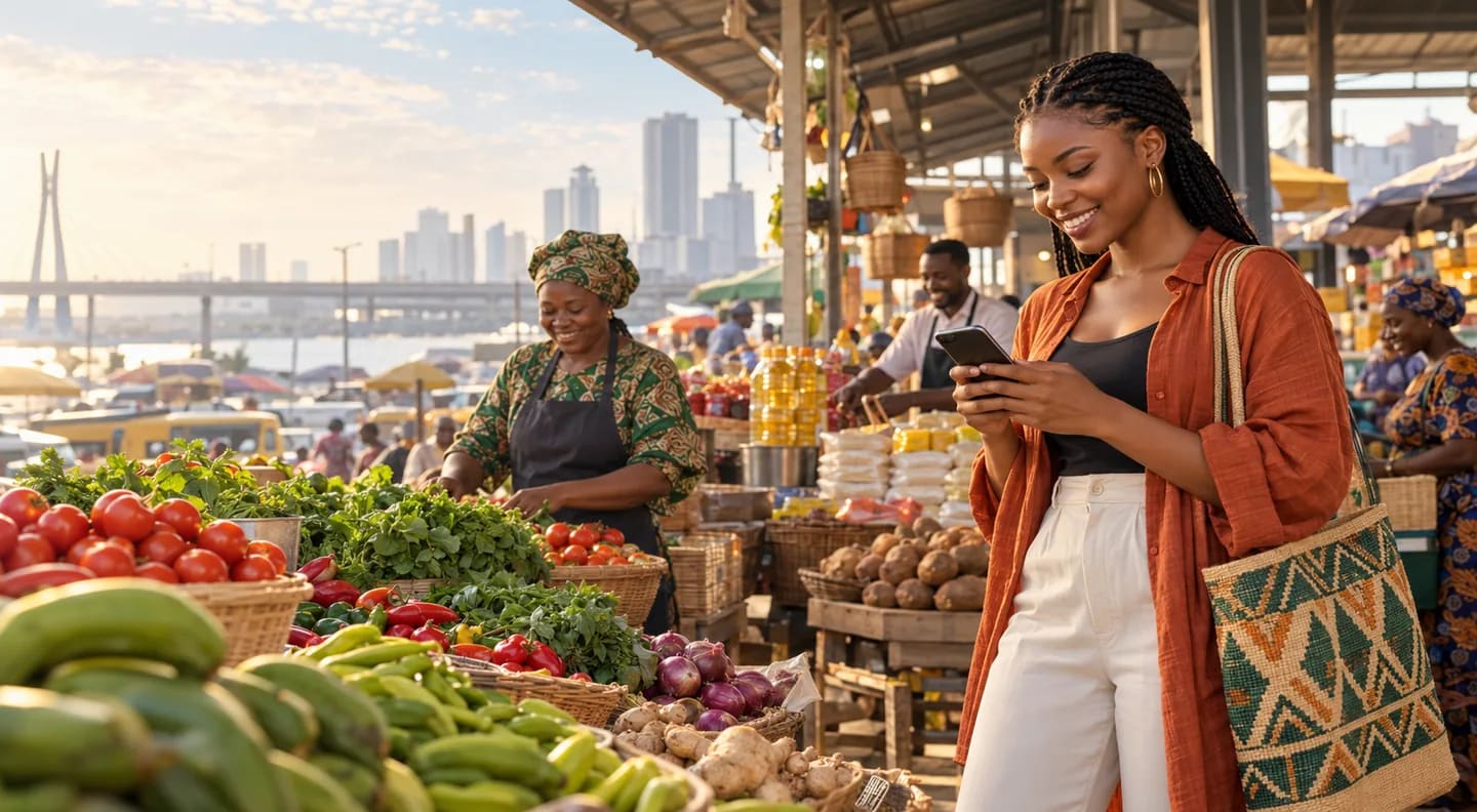 A Nigerian shopper comparing everyday market prices on her phone in Lagos