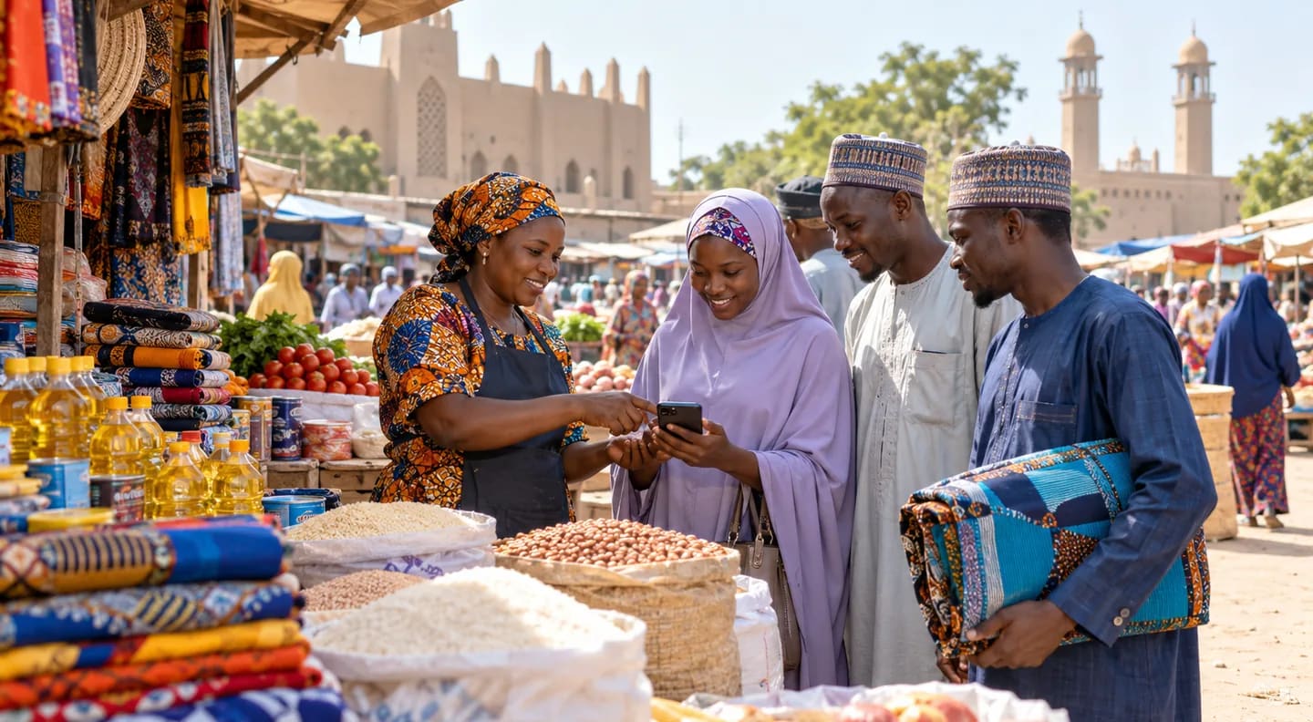Customers comparing household essentials, textiles and services in a Maiduguri market