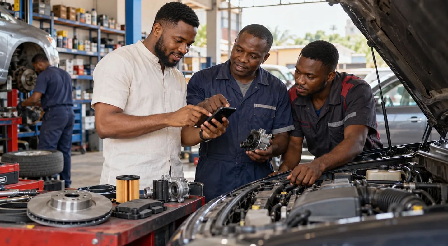 A vehicle owner comparing mechanics, replacement parts and repair quotes in Nnewi