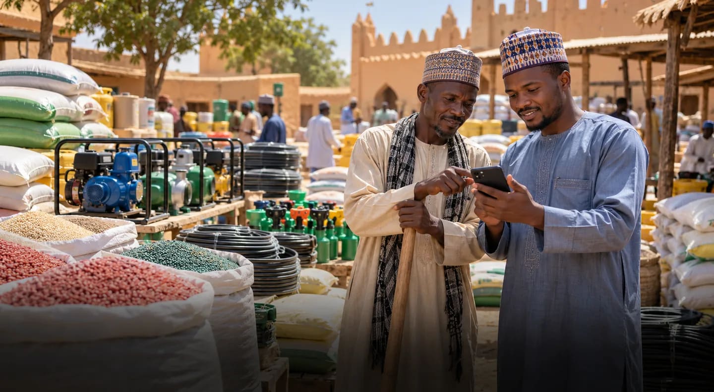 Farmers comparing seeds, irrigation pumps and agricultural supplies in Sokoto