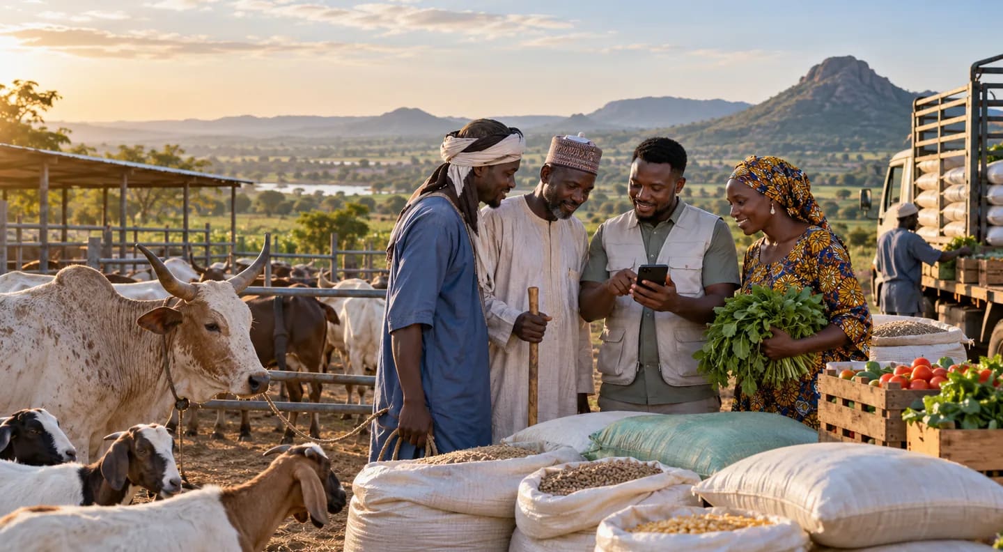 Farmers comparing veterinary care, animal feed and produce logistics near Yola